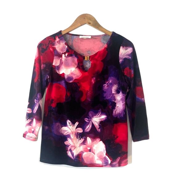 Calvin Klein XS Liquid Knit Blouse Red Purple Keyhole 3/4 Sleeves - Picture 3 of 8